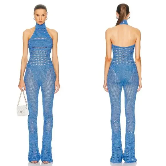 RETROFETE Kalena Knit Crochet Tropical Blue Flared Jumpsuit Size Small - Picture 1 of 10